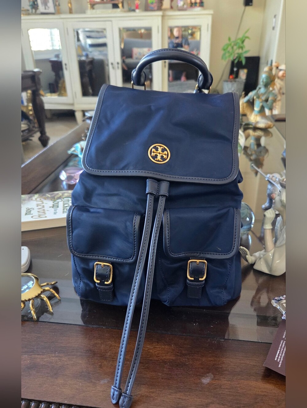 Tory Burch Navy Nylon Backpack with Gold Logo